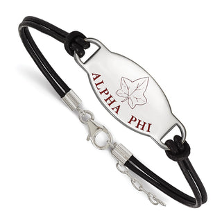 Sterling Silver Rhodium-plated LogoArt Alpha Phi Sorority Symbol Color Enamel Black Leather 7 inch Bracelet with Extender