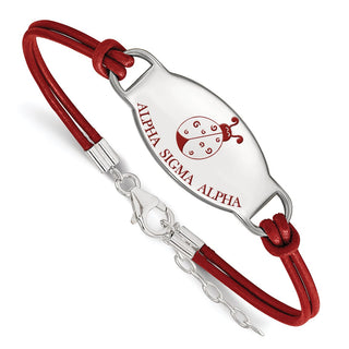 Sterling Silver Rhodium-plated LogoArt Alpha Sigma Alpha Sorority Symbol Color Enamel Color Leather 7 inch Bracelet with Extender