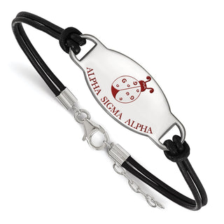 Sterling Silver Rhodium-plated LogoArt Alpha Sigma Alpha Sorority Symbol Color Enamel Black Leather 7 inch Bracelet with Extender
