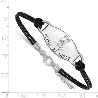 Sterling Silver Rhodium-plated LogoArt Alpha Xi Delta Sorority Symbol Color Enamel Black Leather 7 inch Bracelet with Extender