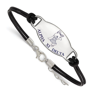 Sterling Silver Rhodium-plated LogoArt Alpha Xi Delta Sorority Symbol Color Enamel Black Leather 7 inch Bracelet with Extender