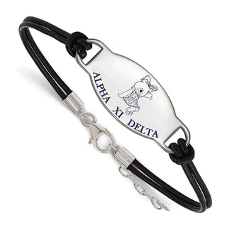 Sterling Silver Rhodium-plated LogoArt Alpha Xi Delta Sorority Symbol Color Enamel Black Leather 7 inch Bracelet with Extender