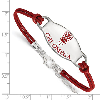 Sterling Silver Rhodium-plated LogoArt Chi Omega Sorority Symbol Color Enamel Color Leather 7 inch Bracelet with Extender