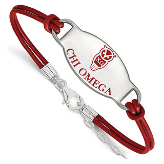 Sterling Silver Rhodium-plated LogoArt Chi Omega Sorority Symbol Color Enamel Color Leather 7 inch Bracelet with Extender