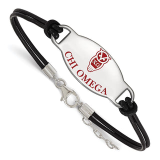 Sterling Silver Rhodium-plated LogoArt Chi Omega Sorority Symbol Color Enamel Black Leather 7 inch Bracelet with Extender