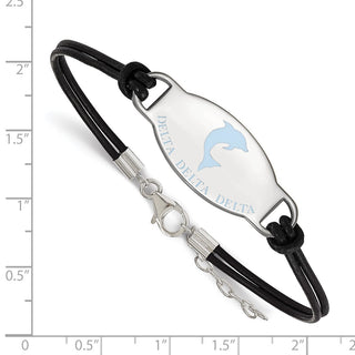 Sterling Silver Delta Delta Delta Sorority Colored Leather Bracelet - Symbol Enamel, 7in with Extender, Logo Size 15 x 33mm, Rhodium-Plated