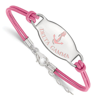 Sterling Silver Rhodium-plated LogoArt Delta Gamma Sorority Symbol Color Enamel Color Leather 7 inch Bracelet with Extender