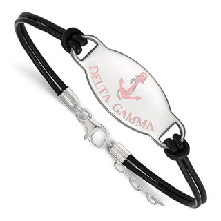 Sterling Silver Rhodium-plated LogoArt Delta Gamma Sorority Symbol Color Enamel Black Leather 7 inch Bracelet with Extender