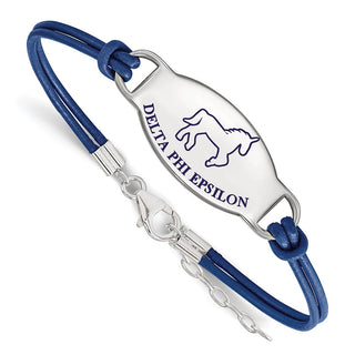 Sterling Silver Rhodium-plated LogoArt Delta Phi Epsilon Sorority Symbol Color Enamel Color Leather 7 inch Bracelet with Extender