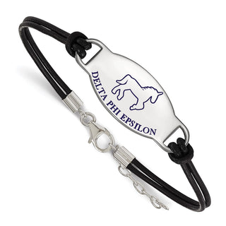 Sterling Silver Rhodium-plated LogoArt Delta Phi Epsilon Sorority Symbol Color Enamel Black Leather 7 inch Bracelet with Extender