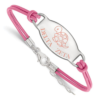 Sterling Silver Rhodium-plated LogoArt Delta Zeta Sorority Symbol Color Enamel Color Leather 7 inch Bracelet with Extender