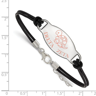 Sterling Silver Delta Zeta Sorority Black Leather Bracelet - Symbol Enamel, 7in with Extender, Logo Size 15 x 33mm, Rhodium-Plated