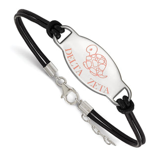 Sterling Silver Rhodium-plated LogoArt Delta Zeta Sorority Symbol Color Enamel Black Leather 7 inch Bracelet with Extender