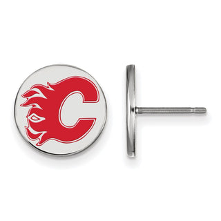 Sterling Silver Rhodium-plated NHL LogoArt Calgary Flames Small Enamel Disc Post Earrings