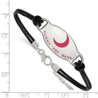 Sterling Silver Gamma Phi Beta Sorority Black Leather Bracelet - Symbol Enamel, 7in with Extender, Logo Size 15 x 33mm, Rhodium-Plated