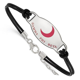 Sterling Silver Rhodium-plated LogoArt Gamma Phi Beta Sorority Symbol Color Enamel Black Leather 7 inch Bracelet with Extender
