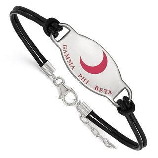 Sterling Silver Rhodium-plated LogoArt Gamma Phi Beta Sorority Symbol Color Enamel Black Leather 7 inch Bracelet with Extender