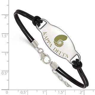 Sterling Silver Kappa Delta Sorority Black Leather Bracelet - Symbol Enamel, 7in with Extender, Logo Size 15 x 33mm, Rhodium-Plated