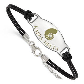Sterling Silver Rhodium-plated LogoArt Kappa Delta Sorority Symbol Color Enamel Black Leather 7 inch Bracelet with Extender