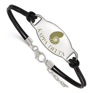 Sterling Silver Rhodium-plated LogoArt Kappa Delta Sorority Symbol Color Enamel Black Leather 7 inch Bracelet with Extender