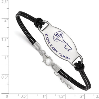 Sterling Silver Rhodium-plated LogoArt Kappa Kappa Gamma Sorority Symbol Color Enamel Black Leather 7 inch Bracelet with Extender