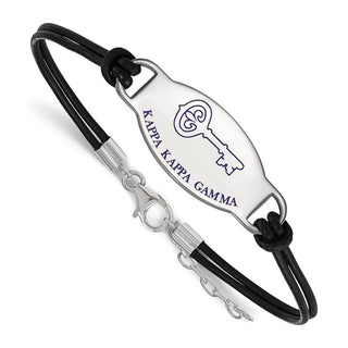 Sterling Silver Rhodium-plated LogoArt Kappa Kappa Gamma Sorority Symbol Color Enamel Black Leather 7 inch Bracelet with Extender