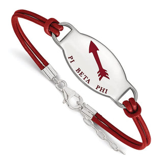 Sterling Silver Rhodium-plated LogoArt Pi Beta Phi Sorority Symbol Color Enamel Color Leather 7 inch Bracelet with Extender