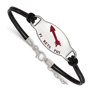 Sterling Silver Rhodium-plated LogoArt Pi Beta Phi Sorority Symbol Color Enamel Black Leather 7 inch Bracelet with Extender