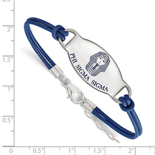 Sterling Silver Rhodium-plated LogoArt Phi Sigma Sigma Sorority Symbol Color Enamel Color Leather 7 inch Bracelet with Extender