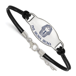 Sterling Silver Rhodium-plated LogoArt Phi Sigma Sigma Sorority Symbol Color Enamel Black Leather 7 inch Bracelet with Extender