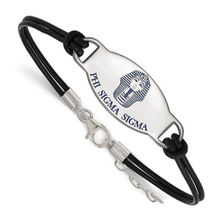 Sterling Silver Rhodium-plated LogoArt Phi Sigma Sigma Sorority Symbol Color Enamel Black Leather 7 inch Bracelet with Extender