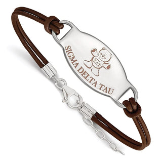 Sterling Silver Rhodium-plated LogoArt Sigma Delta Tau Sorority Symbol Color Enamel Color Leather 7 inch Bracelet with Extender
