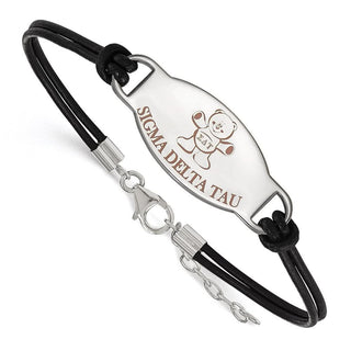 Sterling Silver Rhodium-plated LogoArt Sigma Delta Tau Sorority Symbol Color Enamel Black Leather 7 inch Bracelet with Extender