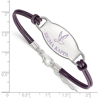 Sterling Silver Rhodium-plated LogoArt Sigma Kappa Sorority Symbol Color Enamel Color Leather 7 inch Bracelet with Extender