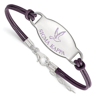 Sterling Silver Rhodium-plated LogoArt Sigma Kappa Sorority Symbol Color Enamel Color Leather 7 inch Bracelet with Extender