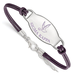 Sterling Silver Rhodium-plated LogoArt Sigma Kappa Sorority Symbol Color Enamel Color Leather 7 inch Bracelet with Extender