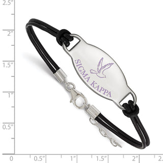 Sterling Silver Rhodium-plated LogoArt Sigma Kappa Sorority Symbol Color Enamel Black Leather 7 inch Bracelet with Extender
