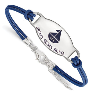 Sterling Silver Rhodium-plated LogoArt Sigma Sigma Sigma Sorority Symbol Color Enamel Color Leather 7 inch Bracelet with Extender