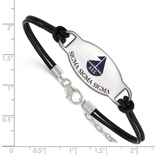 Sterling Silver Rhodium-plated LogoArt Sigma Sigma Sigma Sorority Symbol Color Enamel Black Leather 7 inch Bracelet with Extender
