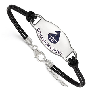 Sterling Silver Rhodium-plated LogoArt Sigma Sigma Sigma Sorority Symbol Color Enamel Black Leather 7 inch Bracelet with Extender