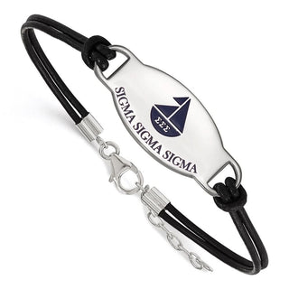 Sterling Silver Rhodium-plated LogoArt Sigma Sigma Sigma Sorority Symbol Color Enamel Black Leather 7 inch Bracelet with Extender