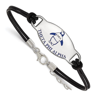 Sterling Silver Rhodium-plated LogoArt Theta Phi Alpha Sorority Symbol Color Enamel Black Leather 7 inch Bracelet with Extender