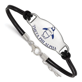 Sterling Silver Rhodium-plated LogoArt Theta Phi Alpha Sorority Symbol Color Enamel Black Leather 7 inch Bracelet with Extender