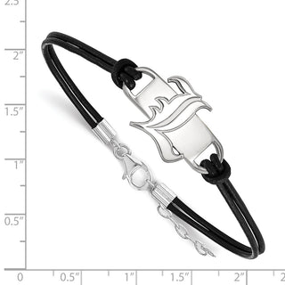 Sterling Silver Rhodium-plated LogoArt University of Louisville Letter L Small Center Black Leather 7 inch Bracelet with Extender