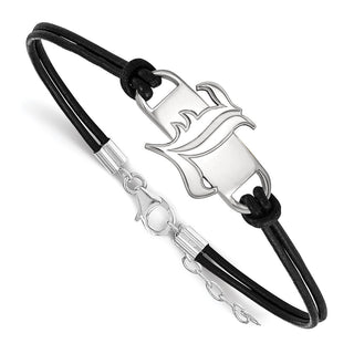 Sterling Silver Rhodium-plated LogoArt University of Louisville Letter L Small Center Black Leather 7 inch Bracelet with Extender