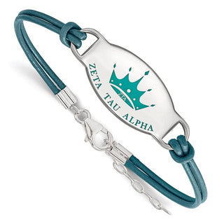 Sterling Silver Rhodium-plated LogoArt Zeta Tau Alpha Sorority Symbol Color Enamel Color Leather 7 inch Bracelet with Extender
