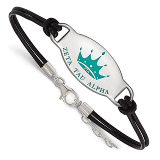 Sterling Silver Rhodium-plated LogoArt Zeta Tau Alpha Sorority Symbol Color Enamel Black Leather 7 inch Bracelet with Extender