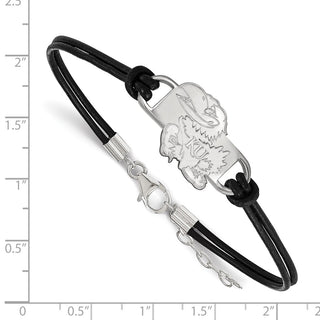 Sterling Silver Rhodium-plated LogoArt University of Kansas Jayhawk Small Center Black Leather 7 inch Bracelet with Extender