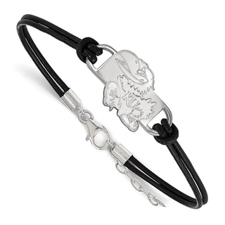Sterling Silver Rhodium-plated LogoArt University of Kansas Jayhawk Small Center Black Leather 7 inch Bracelet with Extender