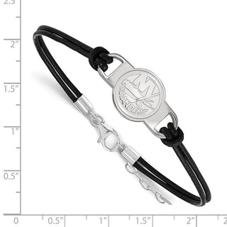 Sterling Silver Rhodium-plated NHL LogoArt New York Islanders Small Center Black Leather 7 inch Bracelet with Extender